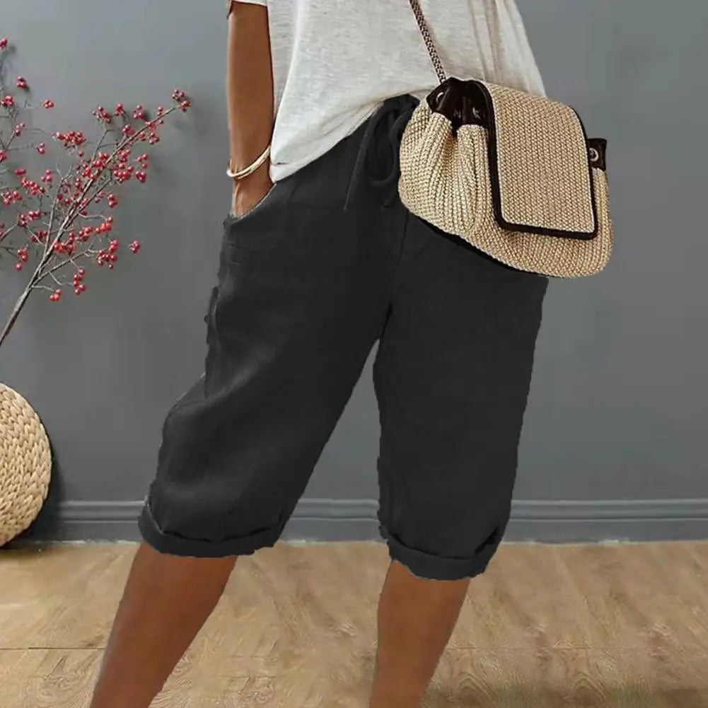 Women's Cotton Linen Shorts | Vintage Loose Wide Leg Trousers | Drawstring Knee-Length Pants for Ladies | Elastic Waist with Pockets ShopOnlyDeal