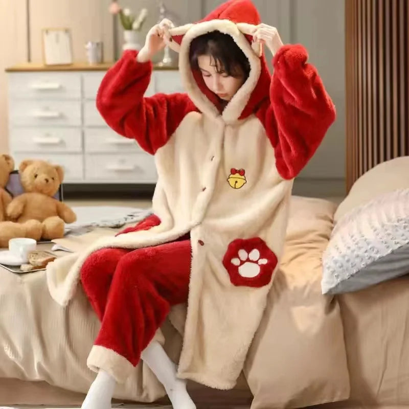 Winter Flannel Pajamas Sets For Women Cute Rabbit Ears Hooded Sleepwear Warm Thick Pyjamas Two Pieces Home Night Wear ShopOnlyDeal