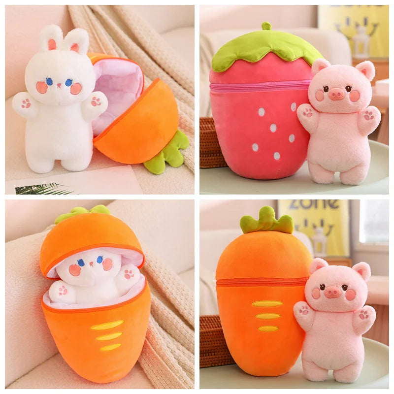 80cm Kawaii Fruit Strawberry Rabbit Plush Toys Funny Animal Plushie Pillow Pig Hiding In Carrot Bag Toys For Kids Birthday Gift ShopOnlyDeal