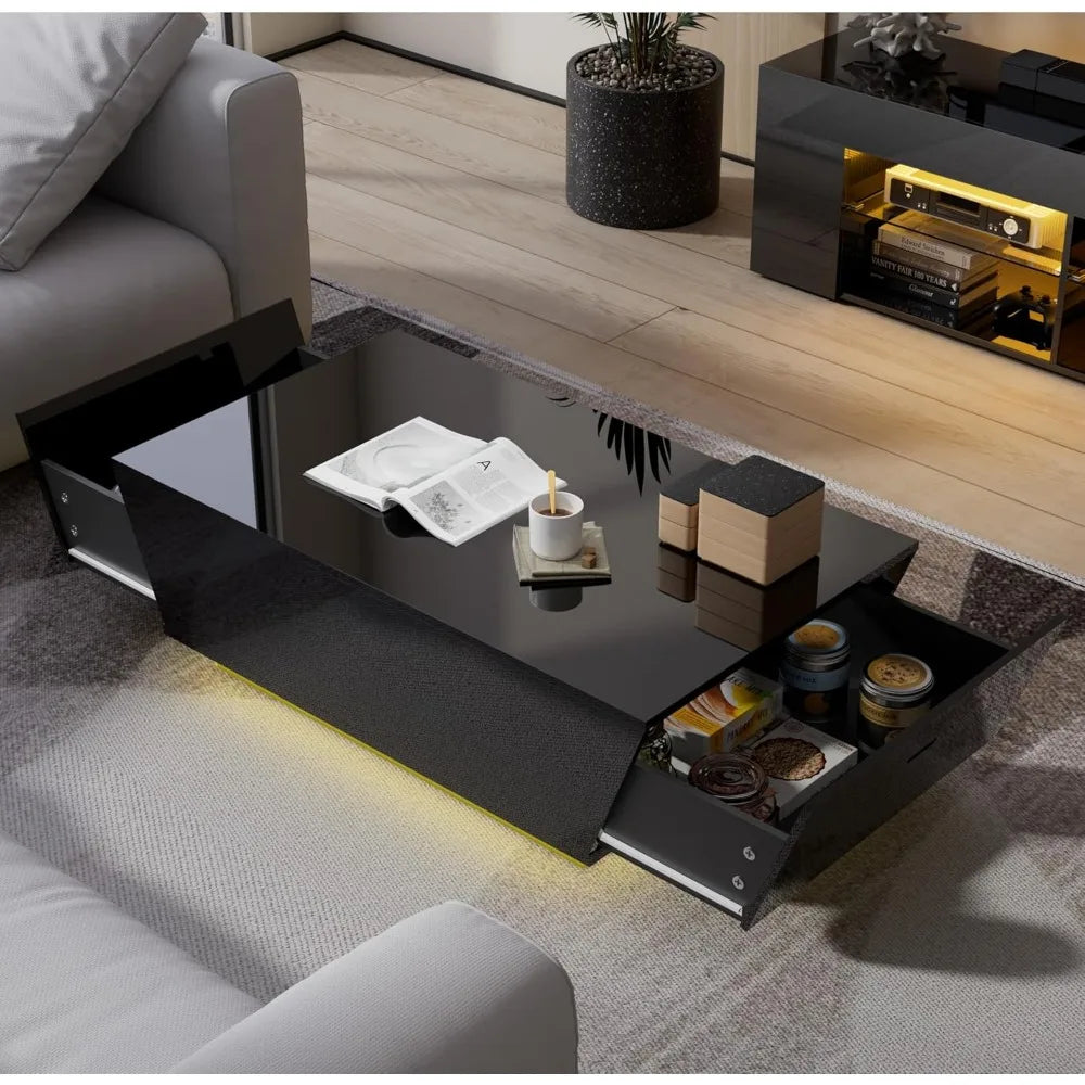 41" Black Modern Coffee Table with 12-Color LED Lights,High Gloss Contemporary Center Table with 2 Storage ShopOnlyDeal