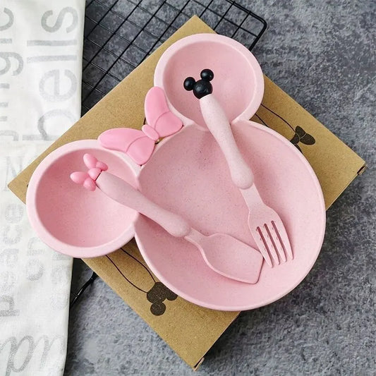 3Pcs/set Cartoon Baby Bowl Tableware Set Wheat Straw Children's Dishes Kids Dinner Feeding Plate Bowknot Food Plate Spoon Fork ShopOnlyDeal