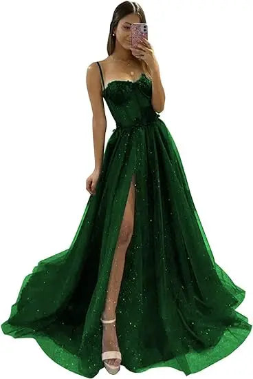 Glitter Tulle Ruffled Prom Dress Long Ball Gown Spaghetti Straps Lace Appliqued 3D Flower Slit Bridesmaid Dresses Cocktail party ShopOnlyDeal