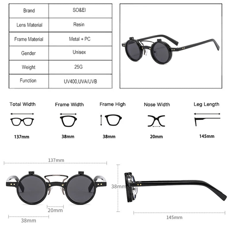 Popular Fashion Small Round Punk Double Bridges Women Sunglasses | Retro Flip Lens Shades | UV400 Men Rivets Sun Glasses S&H Glasses Store