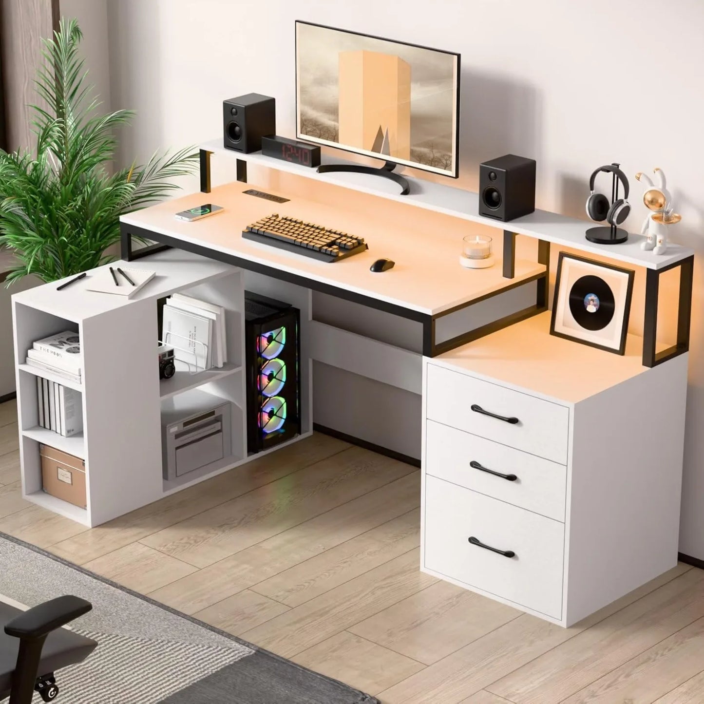 US L Shaped Computer Desk with 3 Drawers, 65.7" Large Desk with Power Outlet and LED Lights ShopOnlyDeal