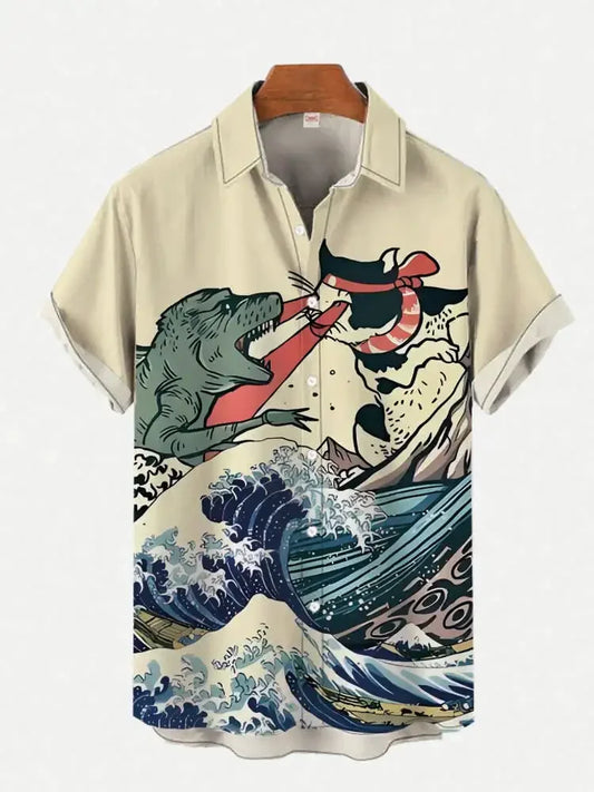 Japanese High-End Art Style Aircraft Print Men's Short-Sleeved Shirt | Casual Men's Hawaiian Short-Sleeved Top | 2024 New Men's Shirt ShopOnlyDeal