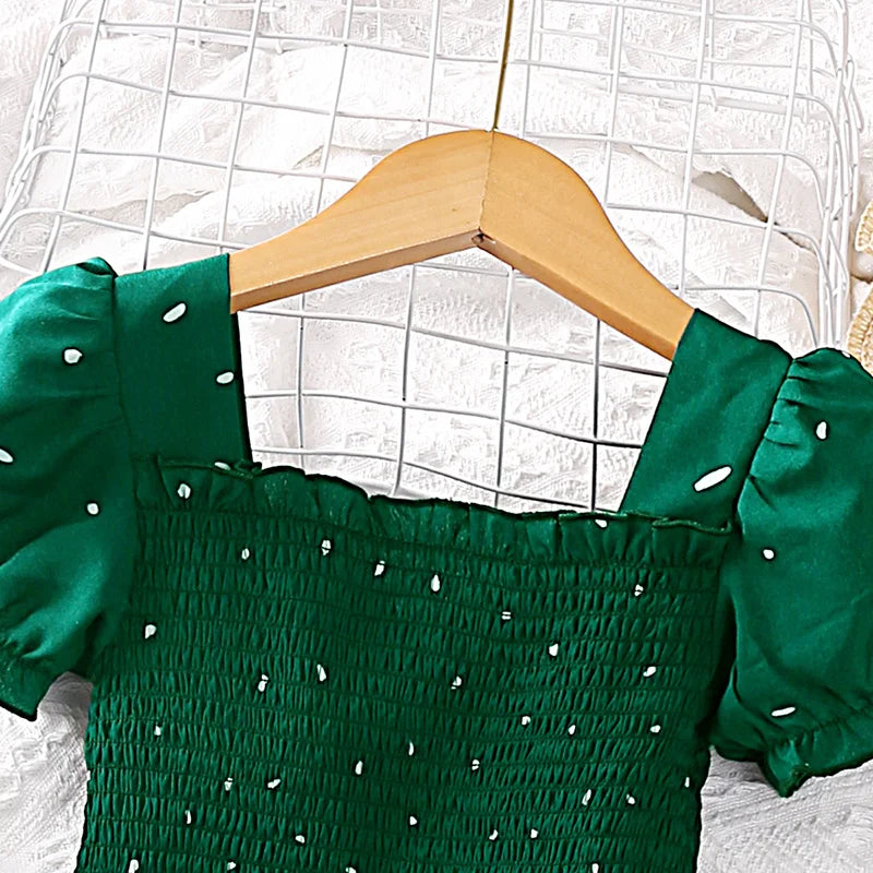 Princess Dress for Kids | Dark Green, Puff Sleeve, Square Collar Dress | Cute Layered Outfit for Girls 2-6 Years ShopOnlyDeal