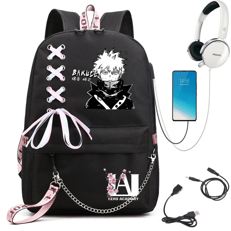 My Hero Academia Anime Women's Backpack | USB Port Ladies Travel Backpack | Shoulder Bag Featuring Katsuki Bakugo | Anime Trend Laptop Backpack ShopOnlyDeal