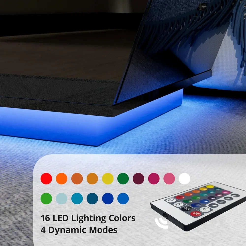 41" Black Modern Coffee Table with 12-Color LED Lights,High Gloss Contemporary Center Table with 2 Storage ShopOnlyDeal