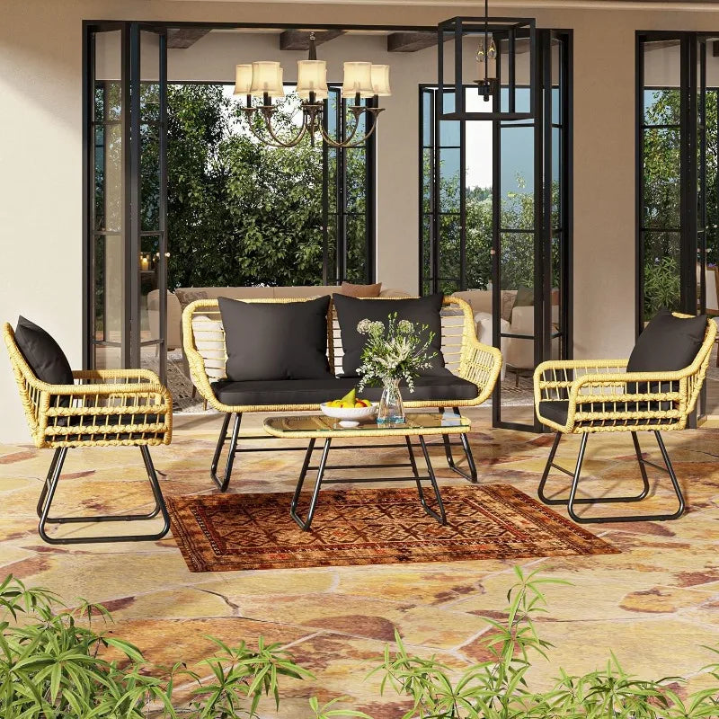 4 Piece Patio Furniture Wicker Outdoor Bistro Set | Rattan Loveseat with Upholstery and Metal Table ShopOnlyDeal