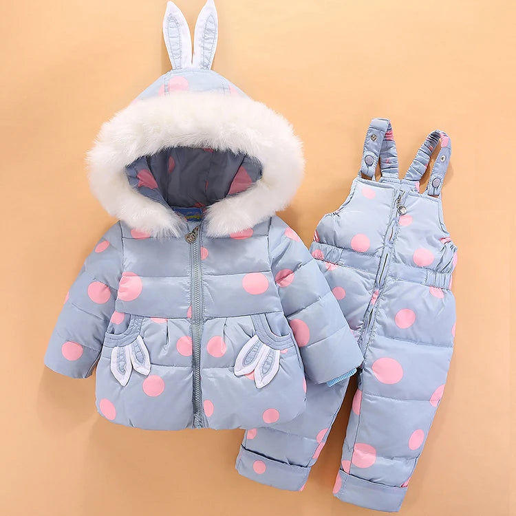 Winter Baby Girls 2PCS Set Rabbit Ear Soft Fur Hooded Infant Girl Down Jacket Snowsuits Contrast Dot Strappy Pants Outfits ShopOnlyDeal