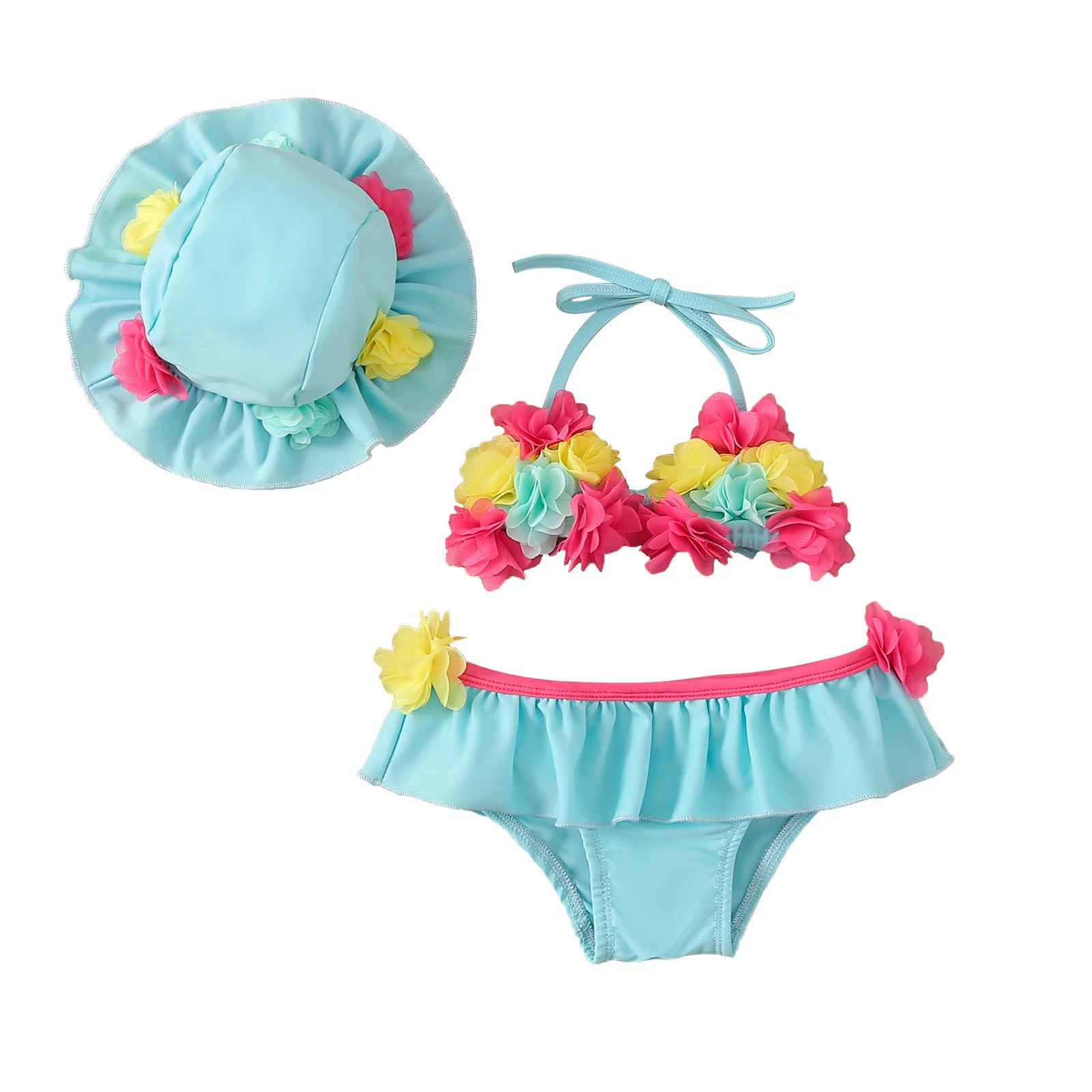 Infant Baby Girls Three-piece Bathing Suit, Flower Halter Neck Swimming Tops, Bottoms and Sun Protection Cap ShopOnlyDeal