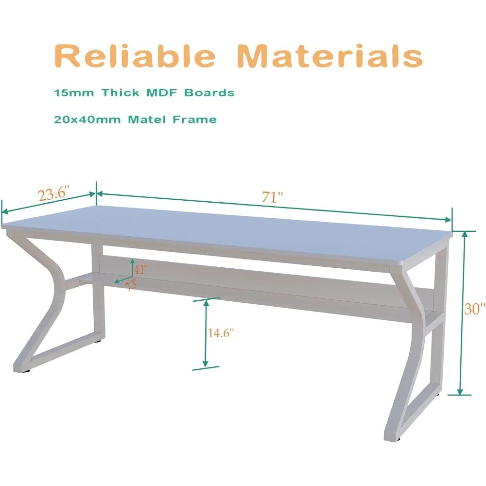 Extra Long Desk with Bookshelf - 71" Double Long Writing Table for 2-Person Workstation, Modern Study Work Computer Desk for Hom ShopOnlyDeal