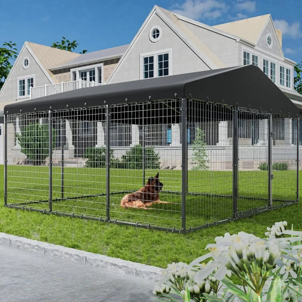 Large Outdoor Dog Kennel,W 118" x D 118" x H 70" Heavy Duty Dog Cage with Roof,Galvanized Steel Dog Fence Double Safety Locks ShopOnlyDeal