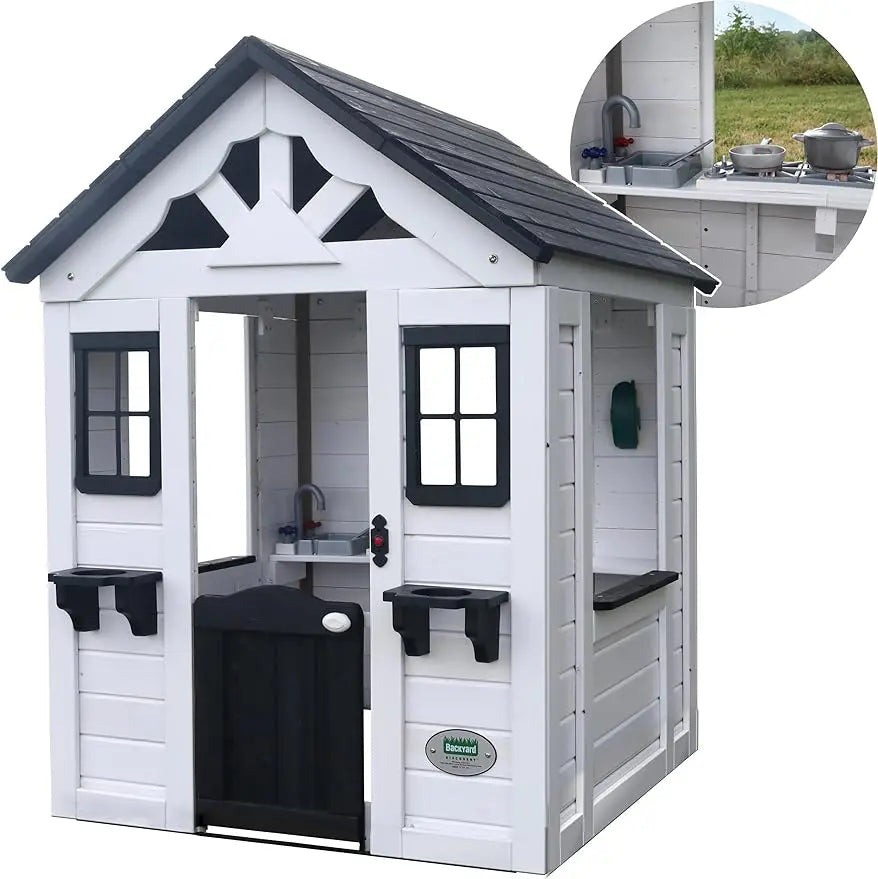 Sweetwater All Cedar White Modern Outdoor Wooden Playhouse, Cottage, Sink, Stove, Windows, Kitchen with Pot ShopOnlyDeal