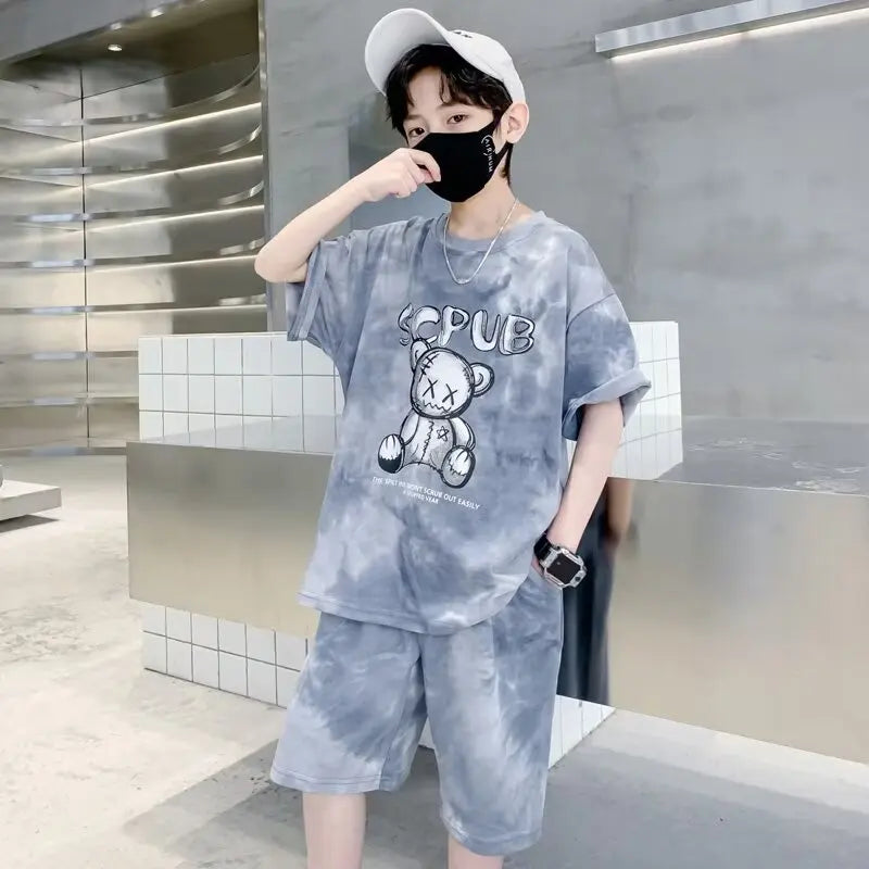 Summer Tracksuit for Teens | Cartoon Bear Tie-Dye T-Shirts and Shorts Set | 2-Pcs Outfit for Boys and Girls ShopOnlyDeal