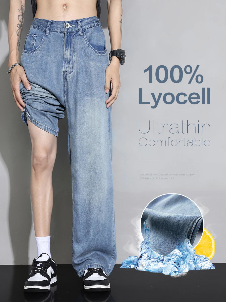 Summer High Quality Cozy Soft 100%Lyocell Fabric Jeans Men Elastic Waist Denim Trousers Korea Loose Straight Blue Casual Pants ShopOnlyDeal