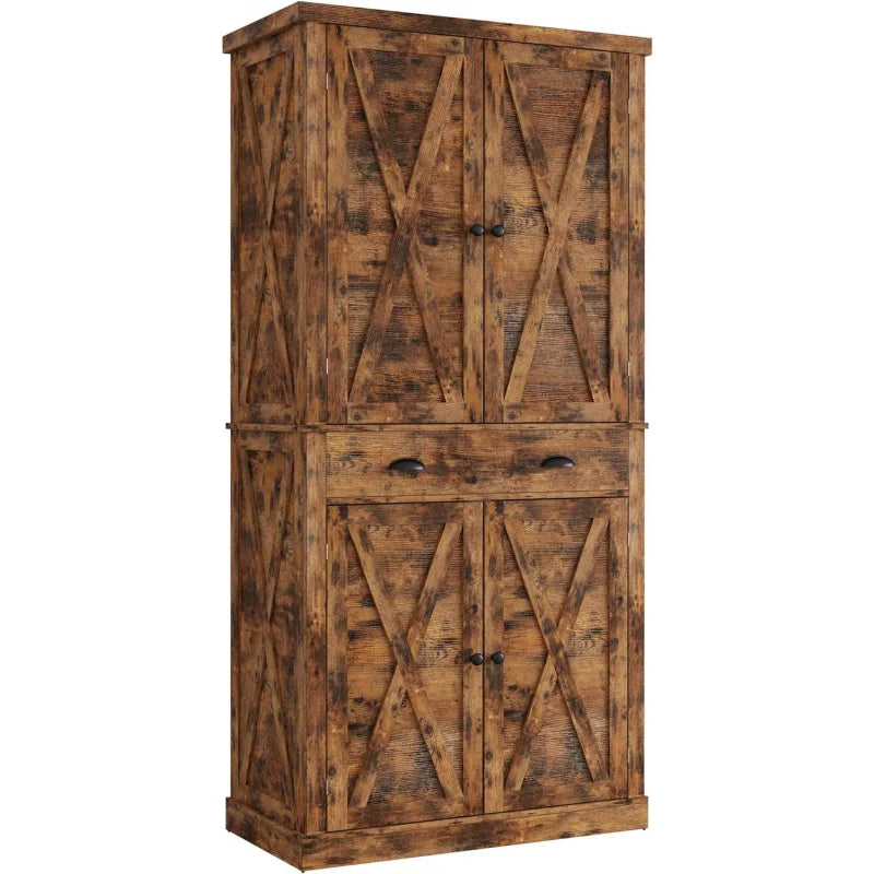 Kitchen Pantry Storage Cabinet 72" Height, with Barn Doors, Drawer, 4 Adjustable Shelves, Freestanding Cupboard for Dining Room ShopOnlyDeal