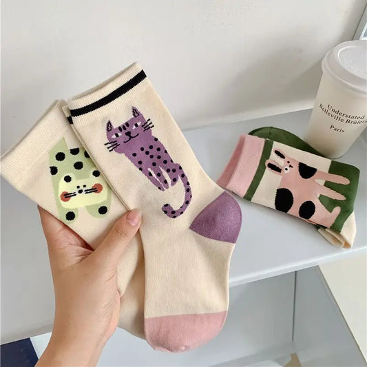 New Cotton Socks for Autumn Winter | Cute Kawaii Harajuku Street Cartoon Cat Mid-Tube Socks | Breathable Sweat Absorption Sports Student Socks ShopOnlyDeal