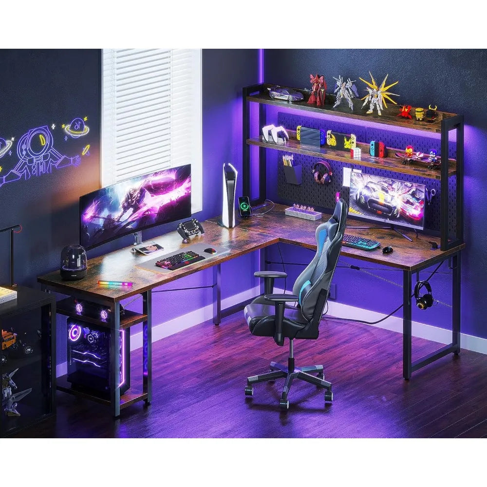 Computer Desk, 66 in. with Storage Cabinet, Power Outlet, LED Lights and Monitor Stand, Storage Shelf, Computer Gaming Table ShopOnlyDeal