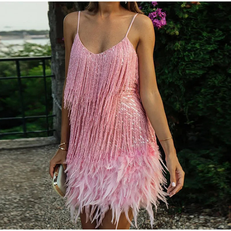 New Sexy Tassel Sequins Feather Mini Dress Women Spaghetti Strap Stitching Dresses Female Elegant Evening Party Club Dress ShopOnlyDeal