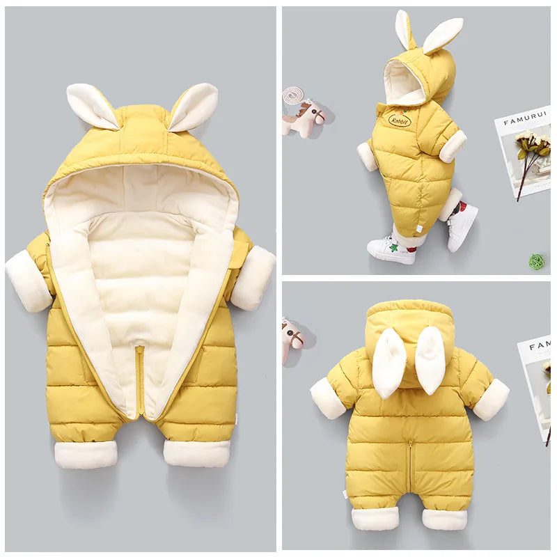 2024 Winter Baby Girls Rompers Plus Velvet Warm Hooded Infant Girl Snowsuit Cartoon Rabbit Ears Toddler Girls Overalls Clothes ShopOnlyDeal