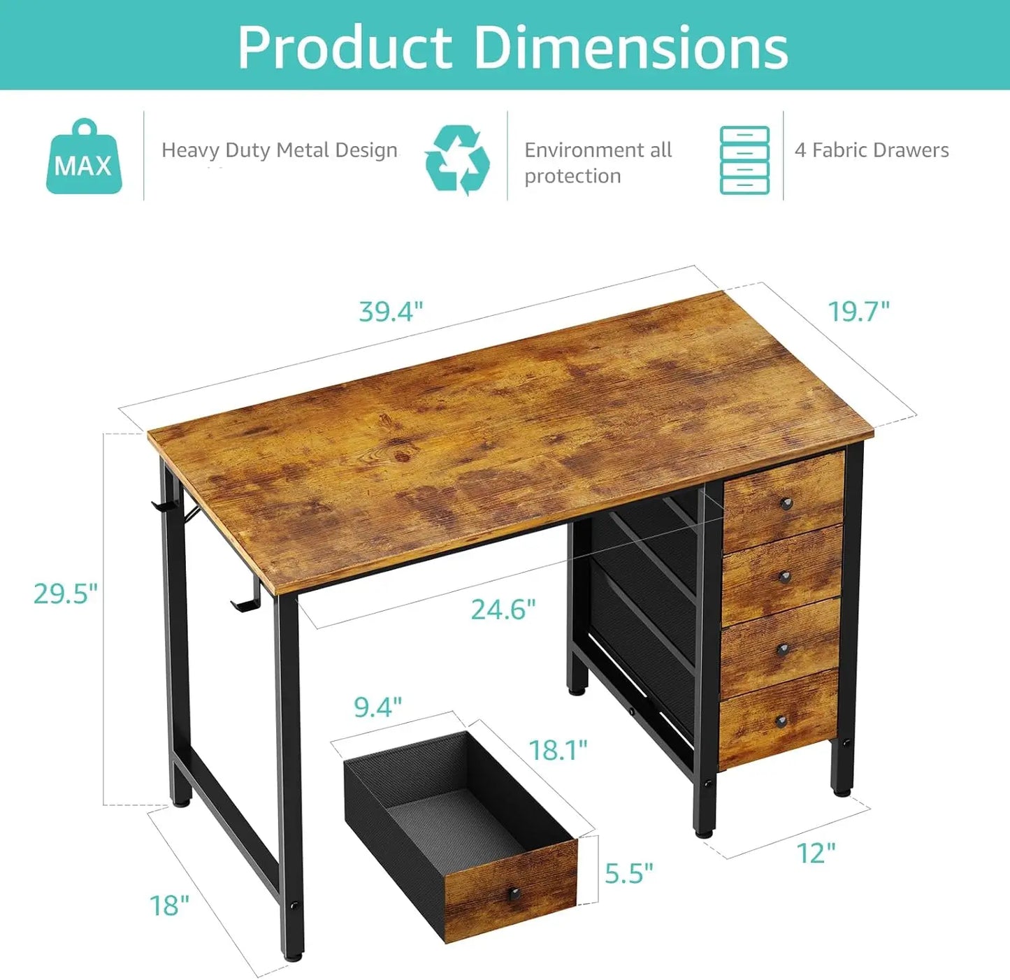 40 inch Computer Desk with 4 Drawers, Kids Student Small Desks for Home Office Small Space, Work PC Desk Table for Bedro ShopOnlyDeal