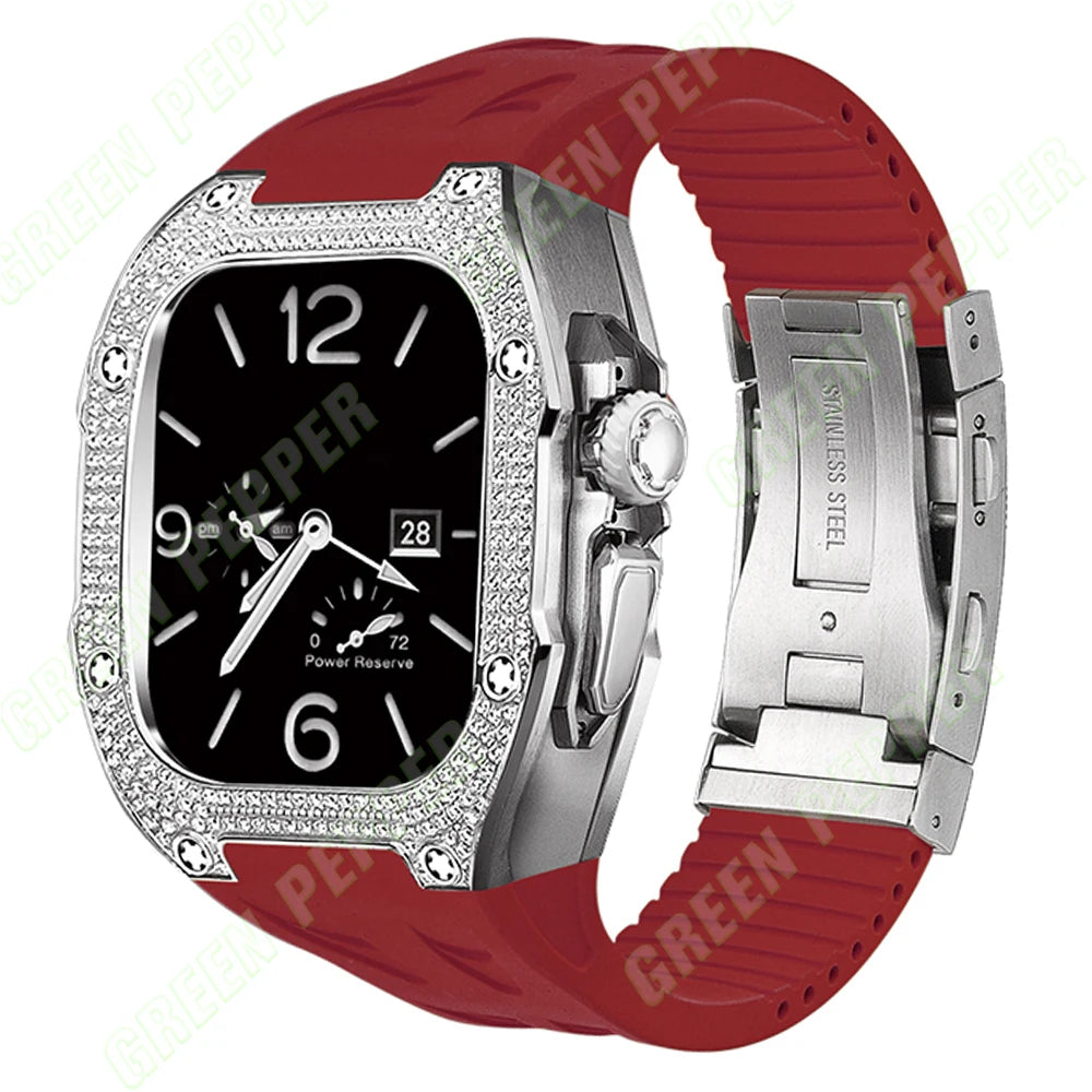 Luxury 5A Cubic Zircon Titanium Case Modification Kit for Apple Watch Ultra 2 49MM Fluororubber Strap High Quality Mod Kit 49Mm ShopOnlyDeal