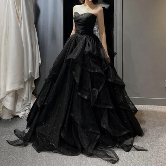 Temperament Black Elegant Wedding Party Dresses Strapless Tiered Draped Prom Robe 2024 New Ball Gown Formal Dress Women Vestidos ShopOnlyDeal