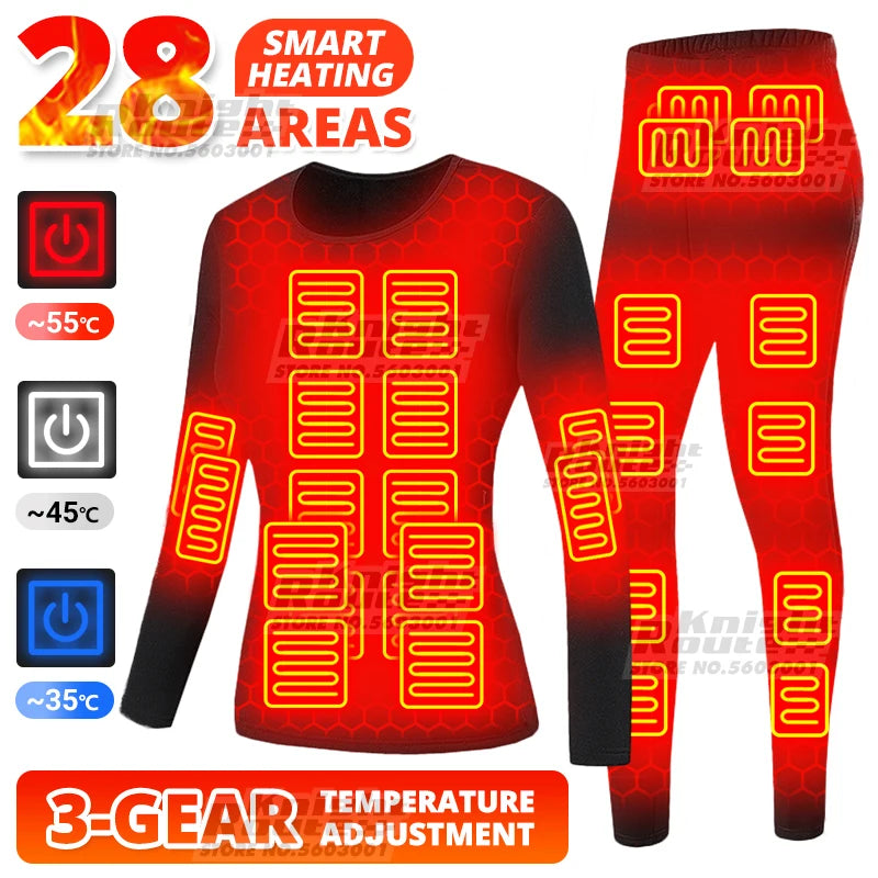 28Areas Heated Thermal Underwear Sets Skiing Heating Jacket USB Electric Men Winter Warm Heating Clothing Top Pants Hiking ShopOnlyDeal