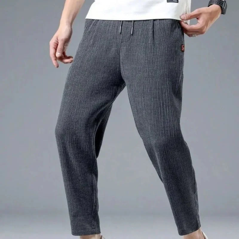 Summer Thin Elastic Casual Pants Men Solid Pleated Ice Silk Strap High Waist Drawstring Pocket Loose Straight Trousers 2023 New ShopOnlyDeal