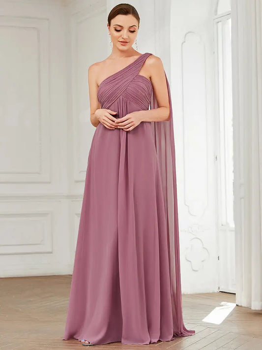 Simple Elegant Evening Dresses Long A-LINE One-Shoulder Strapless Gown Chiffon Pink Bridesmaid Women Dress ShopOnlyDeal