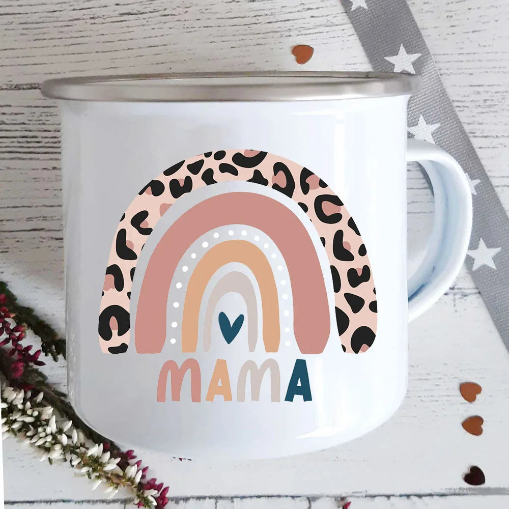 Mama Rainbow Print Enamel Mug | Home Party Wine Beer Drink Juice Cups | Kitchen Drinkware with Handle | Breakfast Milk Oat Mug | Holiday Gift ShopOnlyDeal