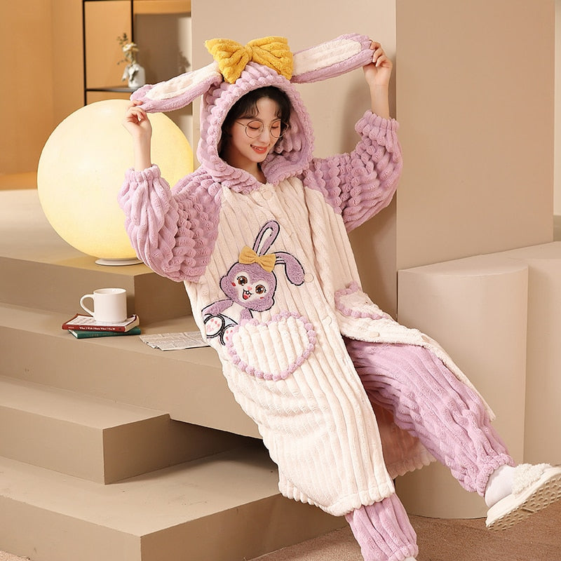 Kawaii Pajamas Women Warm Sweet Hooded Nightgown Winter Flannel Kawaii Home Clothes Female Cute Soft Chic Robes 2XL ShopOnlyDeal