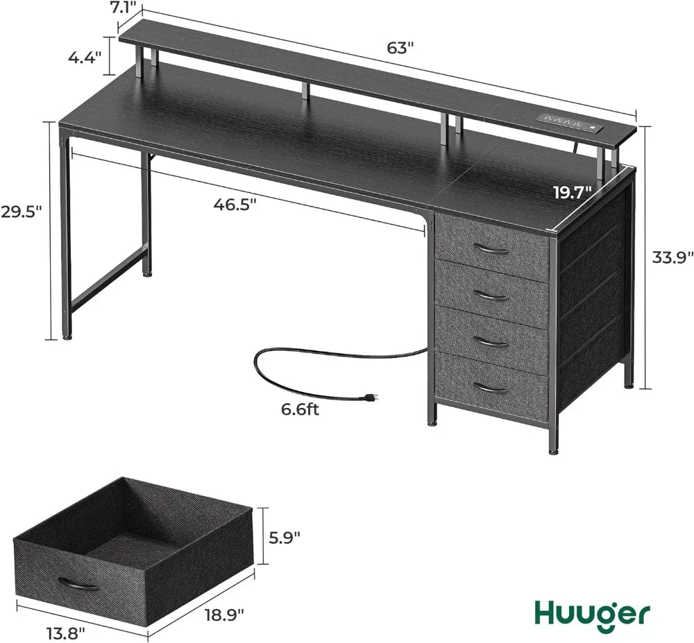 63 Inch and 55 Inch Computer Desk with Power Outlets and LED Lights, Gaming Desk with 4 Drawers, Office Desk with Monitor Stand ShopOnlyDeal