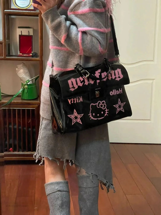 Sanrio Hello Kitty Black Bags Women's Luxury Handbags Y2k Cartoon Pink Print Bag Shoulder Crossbody Bag Female New Fashion Totes ShopOnlyDeal