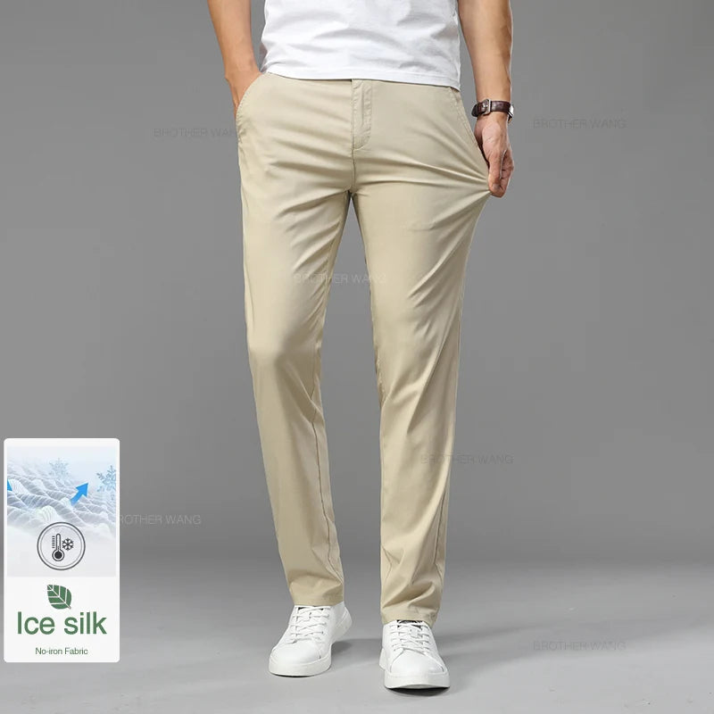 Summer Ultra-thin Men's Ice Silk Casual Pants Soft Comfortable Solid Color Elastic Business Straight Trousers Brand Biege Khaki ShopOnlyDeal