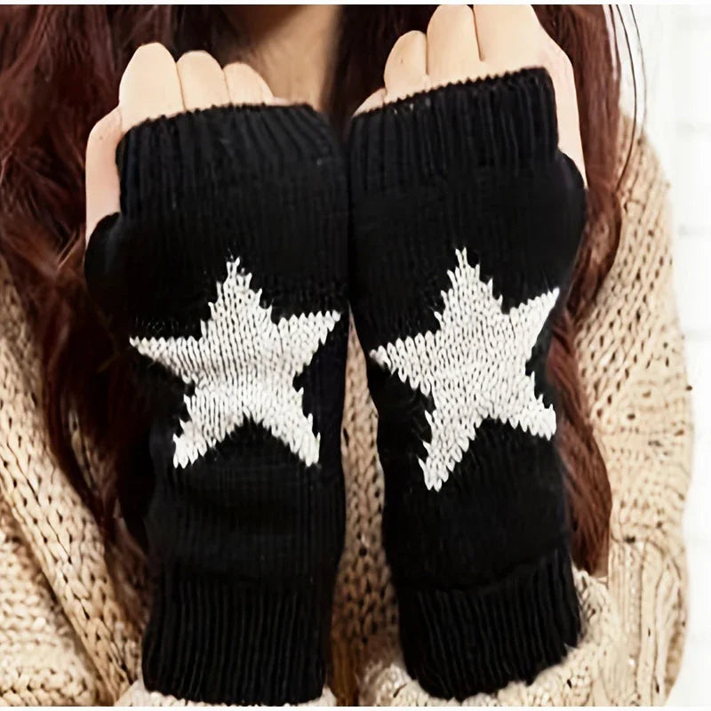 1 Pair Winter Fingerless Gloves Women Thick Elastic Knitted Wool Warm Half Finger Mittens Outdoor Driving Y2K Pentagram Gloves ShopOnlyDeal