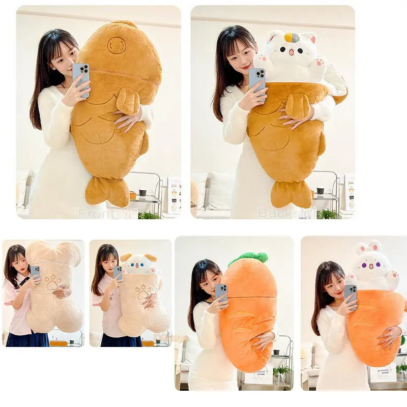 80X45cm Kawaii Taiyaki Cat Plush Toy Rabbit Hiding in  Carrot Dog in Big Bones Ferry Animals Plushie Throw Pillow For Kids Girl ShopOnlyDeal