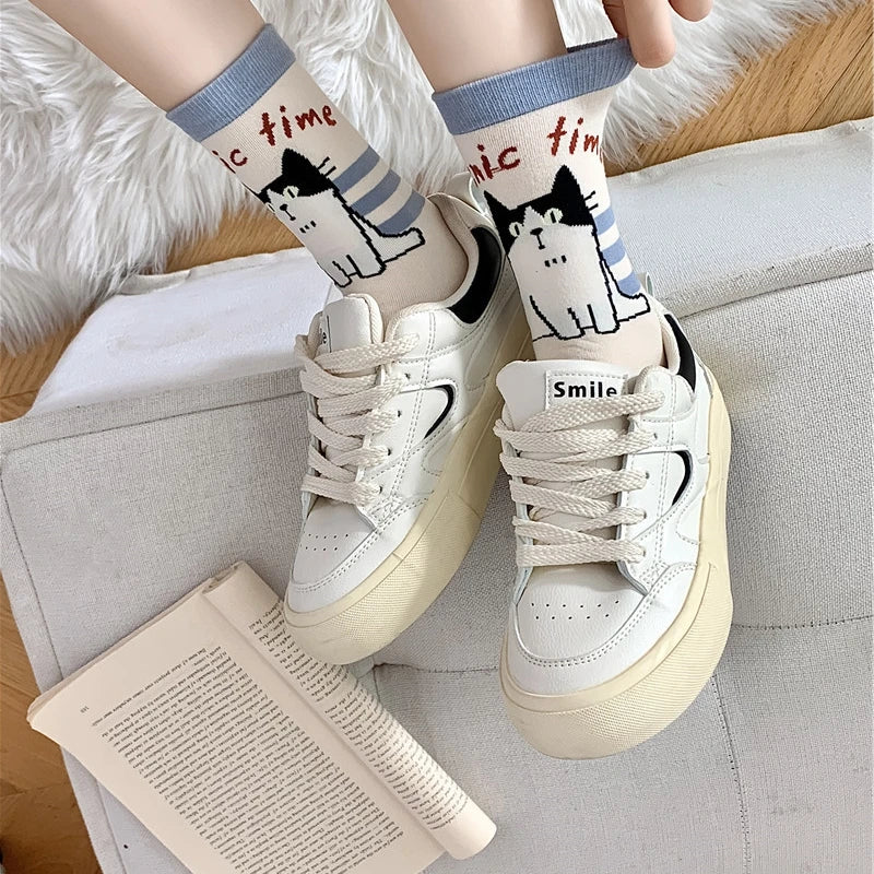 New Cotton Socks for Autumn Winter | Cute Kawaii Harajuku Street Cartoon Cat Mid-Tube Socks | Breathable Sweat Absorption Sports Student Socks ShopOnlyDeal