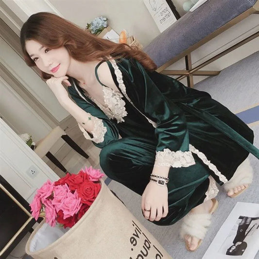 Pajamas Women's Autumn Winter Sexy Sling Gold Velvet Long-Sleeved Ladies Nightgown Suit Large Size Home Wear Three-piece Set ShopOnlyDeal