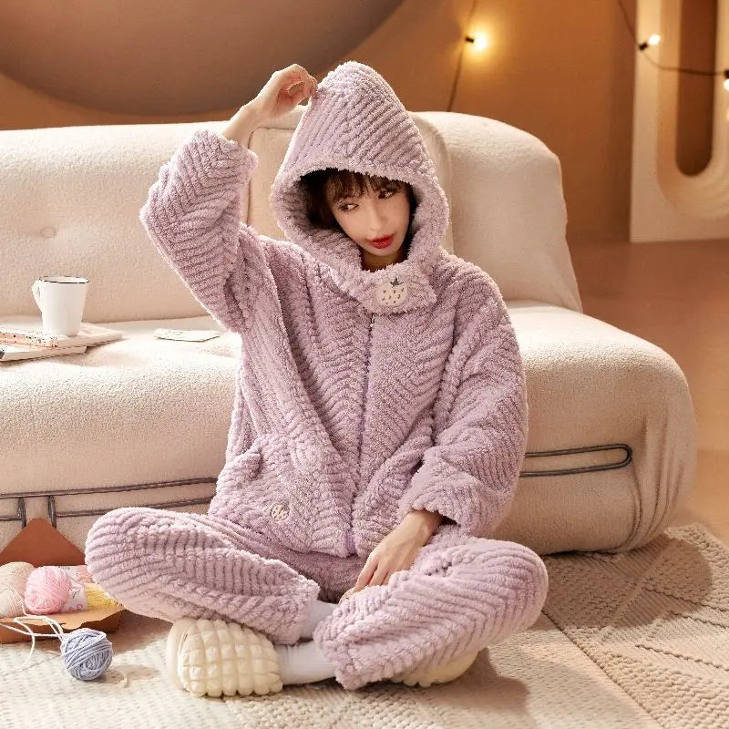 Pajama Lady Autumn/Winter Flannel  Fleece Thick Nightgown Long Lovely Coral Fleece Homewear Set Can Be Worn Outside Comfortable ShopOnlyDeal