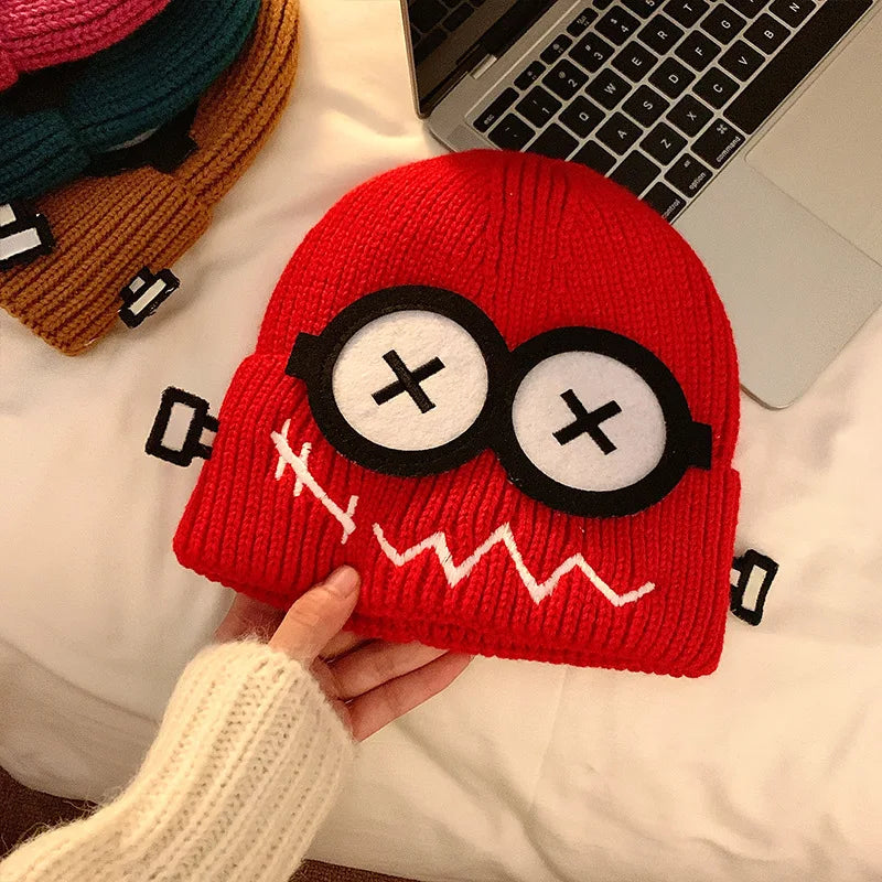 Kpop Cute Cartoon Cuff Beanie Cap Women's Candy Color Big Eyes Smile Skullies Hat Fashion Streetwear Student Warm Winter Knitted ShopOnlyDeal