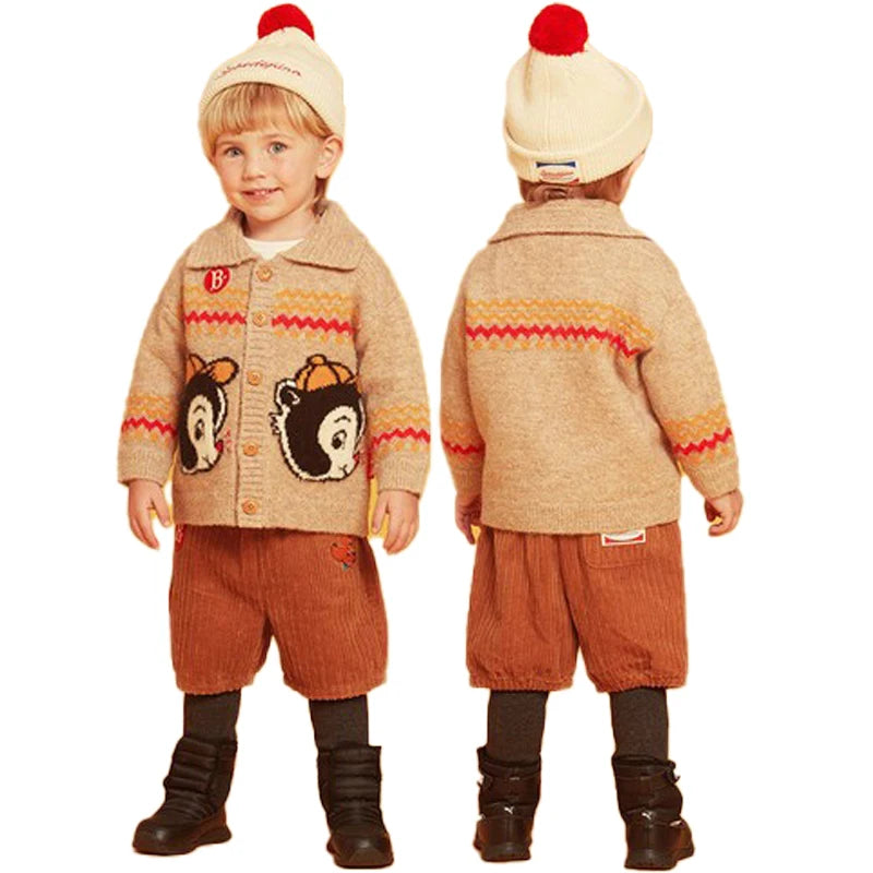 Autumn Winter 2024 New Boys Light Brown Knitted Cardigan Sweater Girls Flower Red Pullover Knitted Sweater Kids Warm Top ShopOnlyDeal