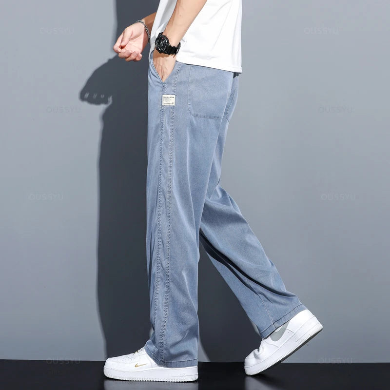 Summer Thin Soft Lyocell Fabric Jeans for Men | Loose Straight Wide Leg Pants | Drawstring Elastic Waist Casual Trousers | Plus Size M-5XL ShopOnlyDeal