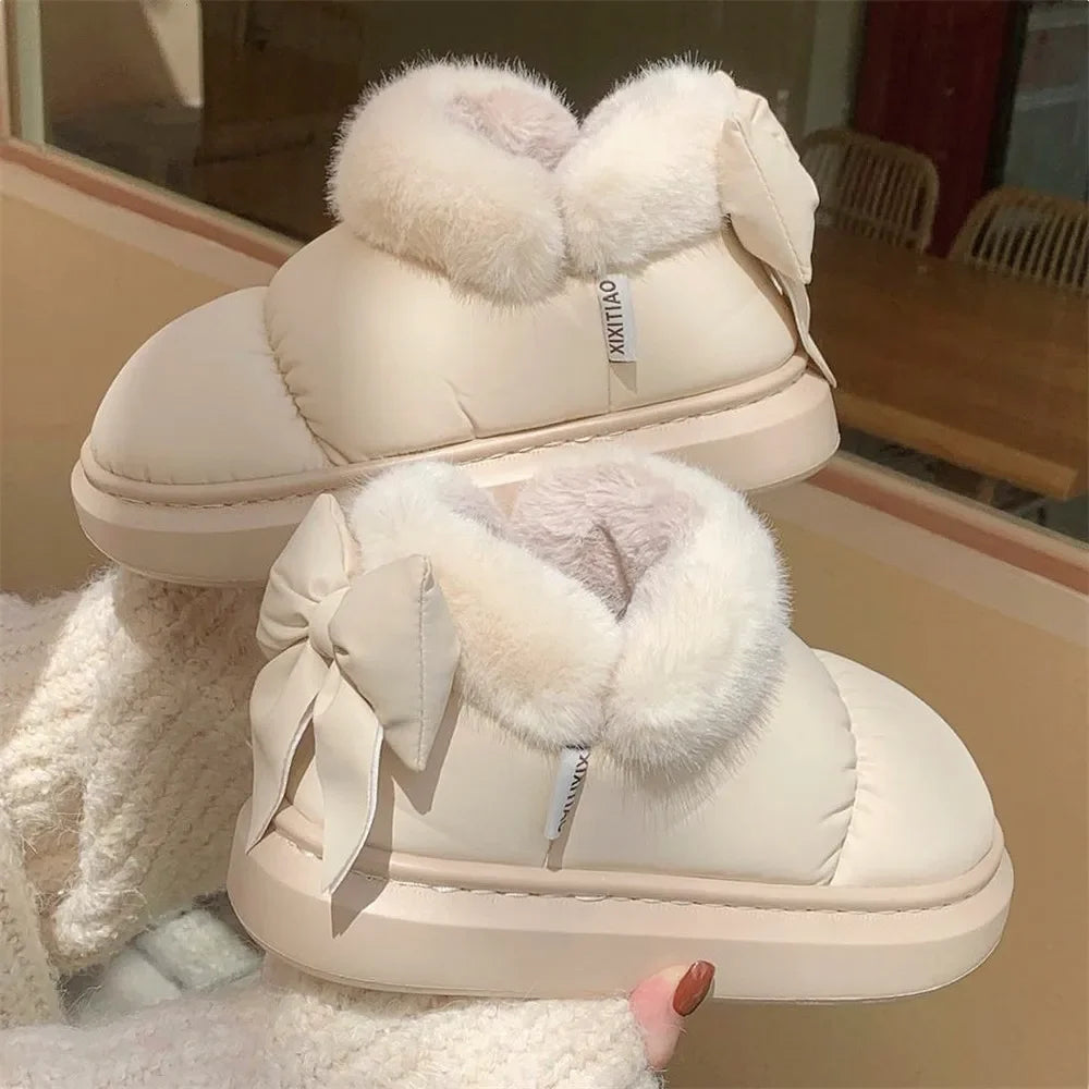 Cute Warm Ankle Boots Winter Women's Bow Warmth Plush Bow Cotton Shoes 2024 New Waterproof Down Cloth Short Barrel Snow Boots ShopOnlyDeal