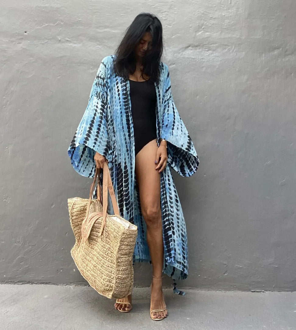 Women's Boho Stripe Tie Dye Swimsuit Cover Up with Belt | Tunic Sarong Cardigan Dress | Bikini Cover-Ups | Beach Wear Kimono ShopOnlyDeal