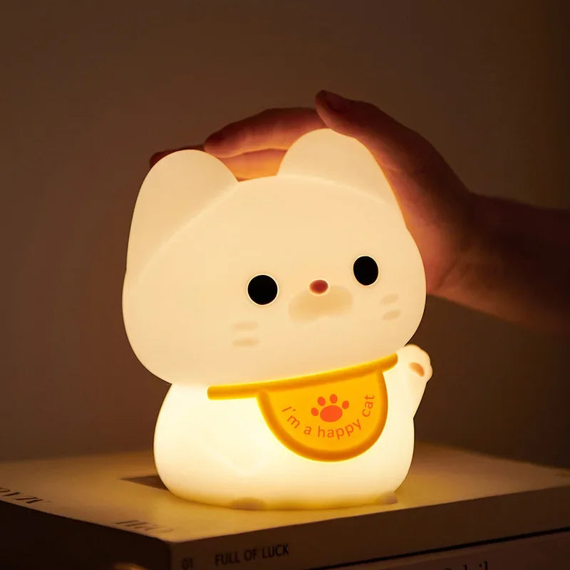 Lucky Cat Night Light USB Charging Timer LED Silicone Tapping Light Children's Bedside Light Warm and Healing lamps ShopOnlyDeal