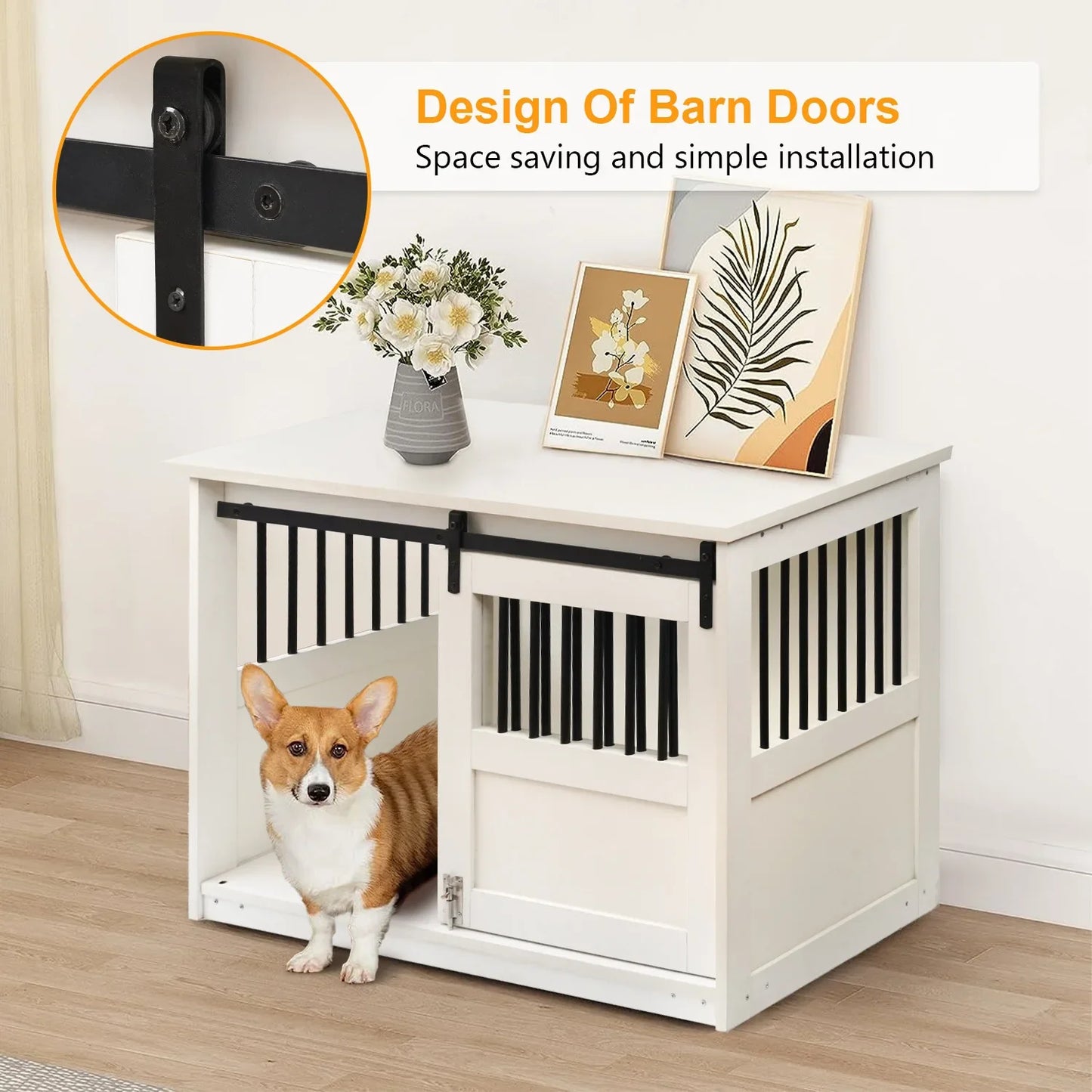 Dog Crate Furniture Large Dog Barn Door Puppy Kennel Thickened Farmhouse Top Metal Bars White Decorative Modern Dog Crate ShopOnlyDeal