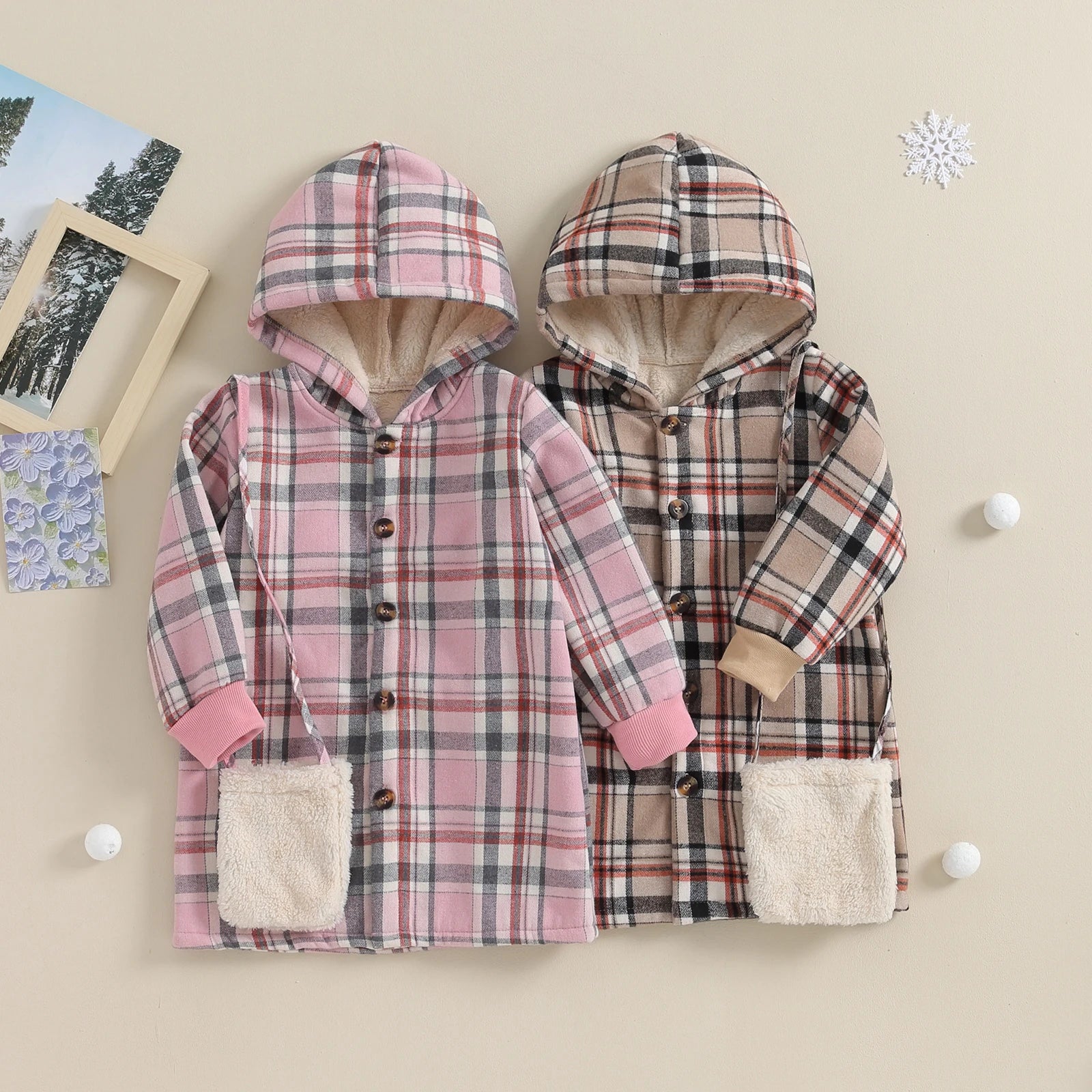 Pudcoco Toddler Girl Winter Coat Plaid Print Long Sleeve Hoodie Jacket and Crossbody Bag Infant Baby Spring Fall Outwear 4-7T ShopOnlyDeal