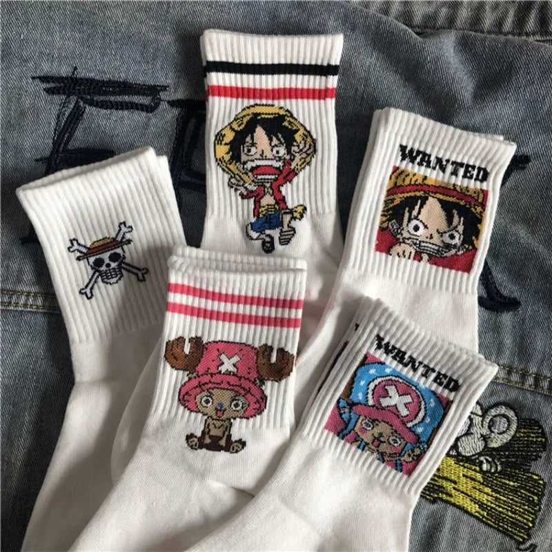 Anime One Piece Socks | Cartoon 5 Pair Set | Luffy & Chopper Student Cotton Socks | White Long Short Boat Socks | Printed Knitted Socks | Children's Gift ShopOnlyDeal